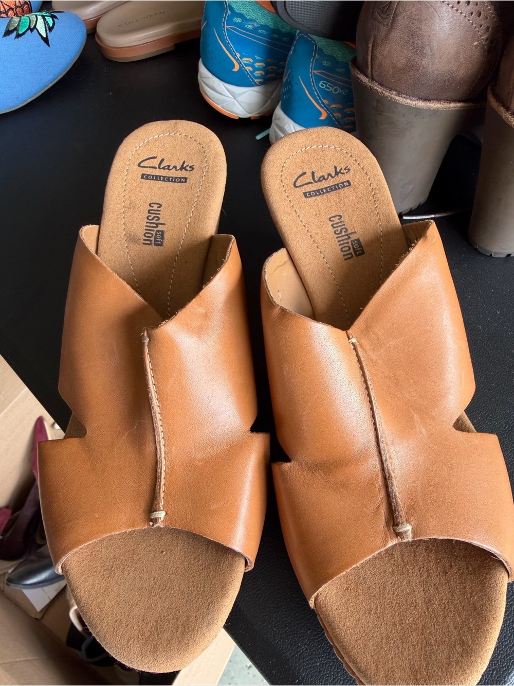 Clarks Tan Leather Open-Toe Slide Mules